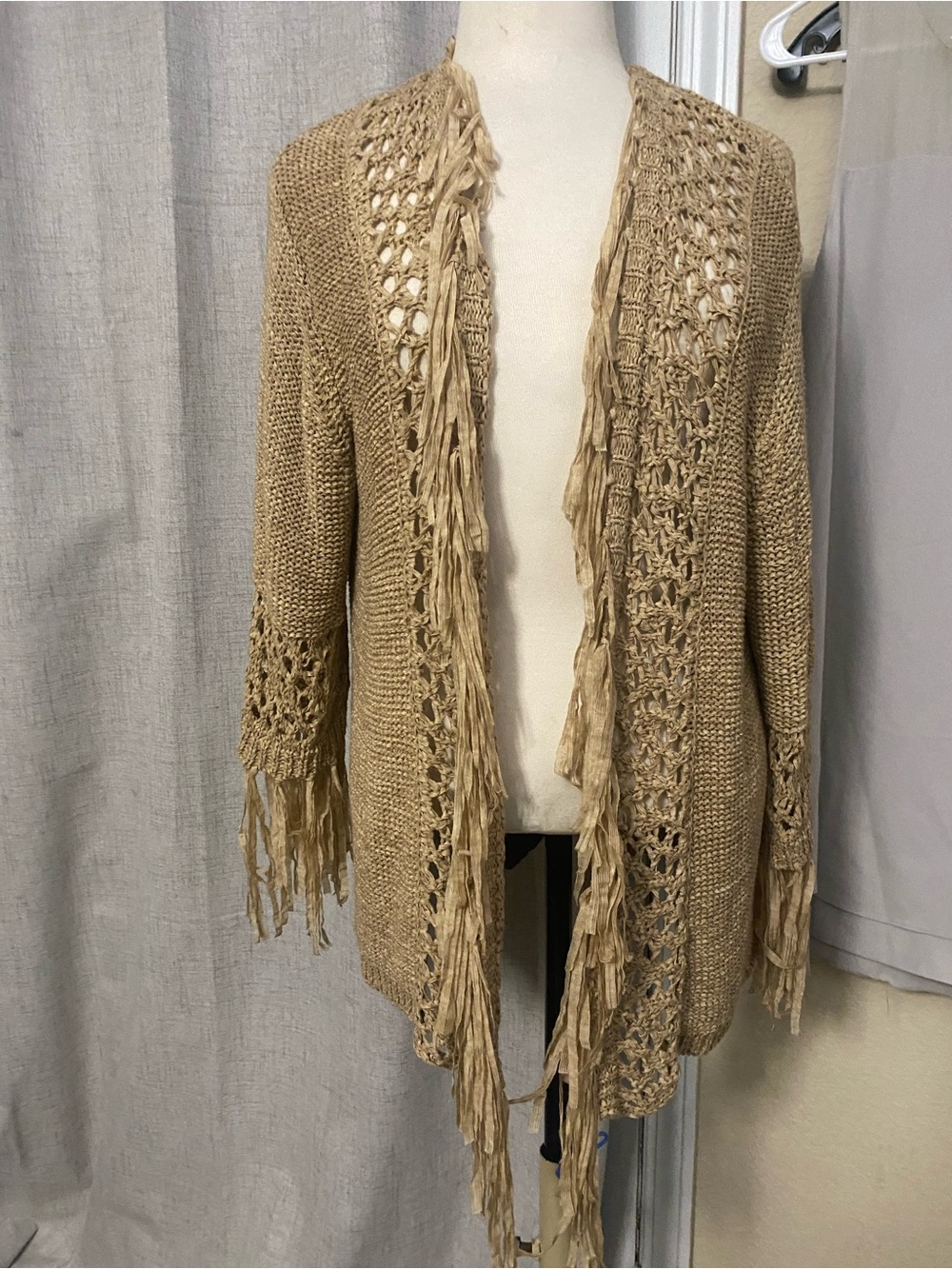 Reba Fringe-Trim Open Knit Cardigan - Beige